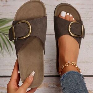 Women’s Brown Slide Sandals with Buckle